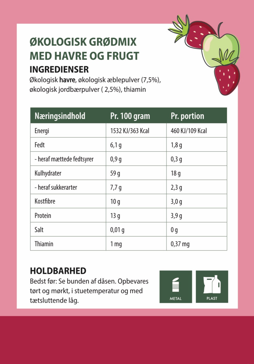Havregrød med jordbær/æble smag til babyer på 12+ måneder
