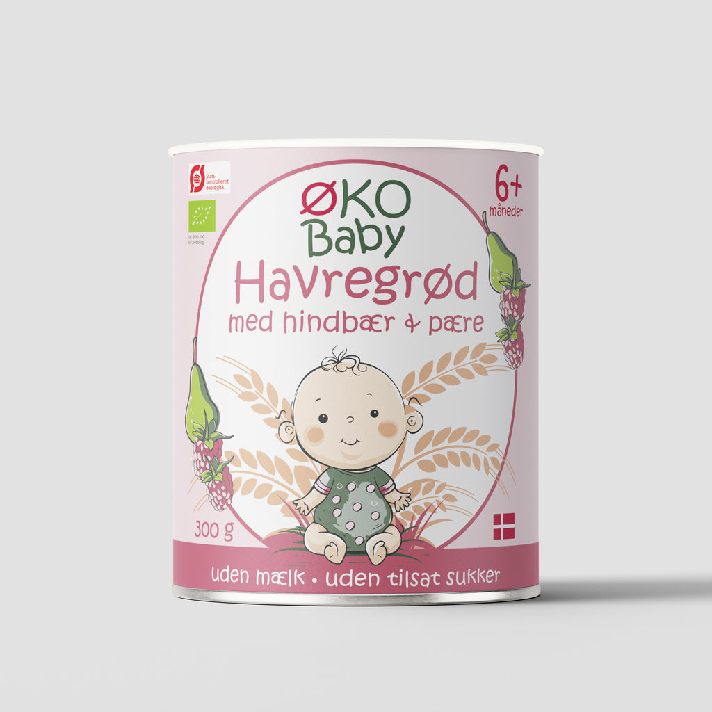 Havregrød med hindbær/pære smag til babyer på 6+ måneder