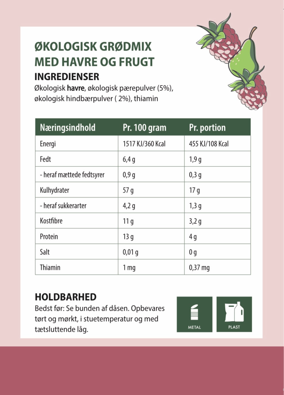 Havregrød med hindbær/pære smag til babyer på 6+ måneder